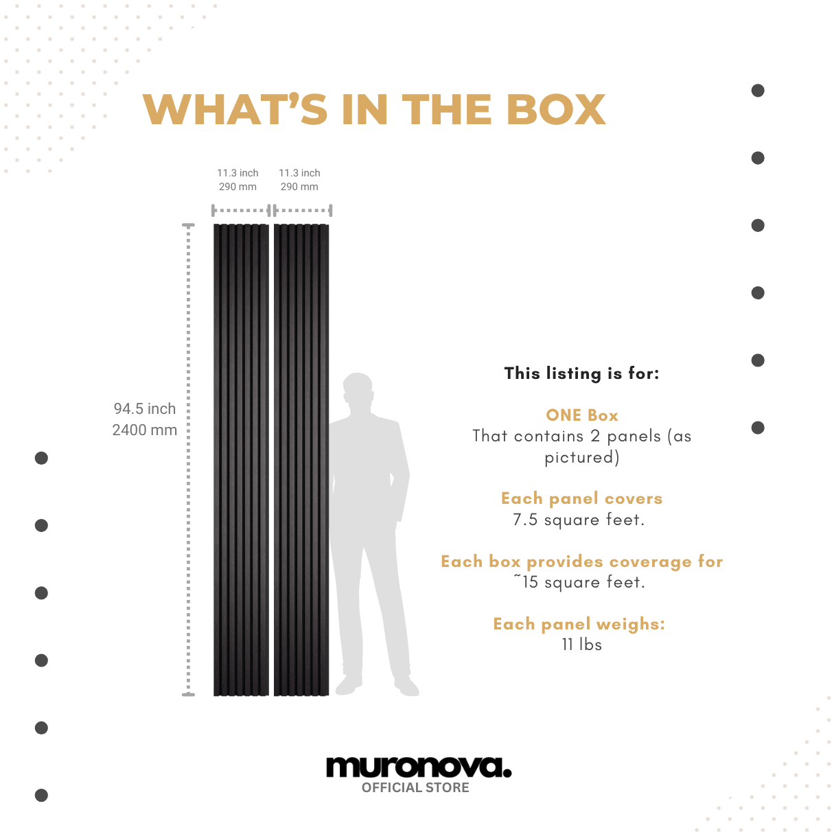 MURONOVA | Black Maple | Acoustic Wood Wall Panels | Soundproof Slat Wall Paneling | Decorative 3D Wall Panels | wall panels for interior wall decor | wall decor living room (2 pack of 94.5" x 11.2")