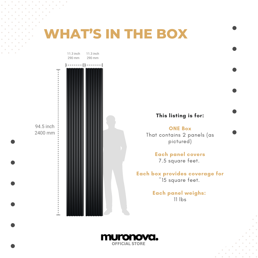 MURONOVA | Black Pure | Acoustic Wood Wall Panels | Soundproof Slat Wall Paneling | Decorative 3D Wall Panels | wall panels for interior wall decor | wall decor living room (2 pack of 94.5" x 11.2")